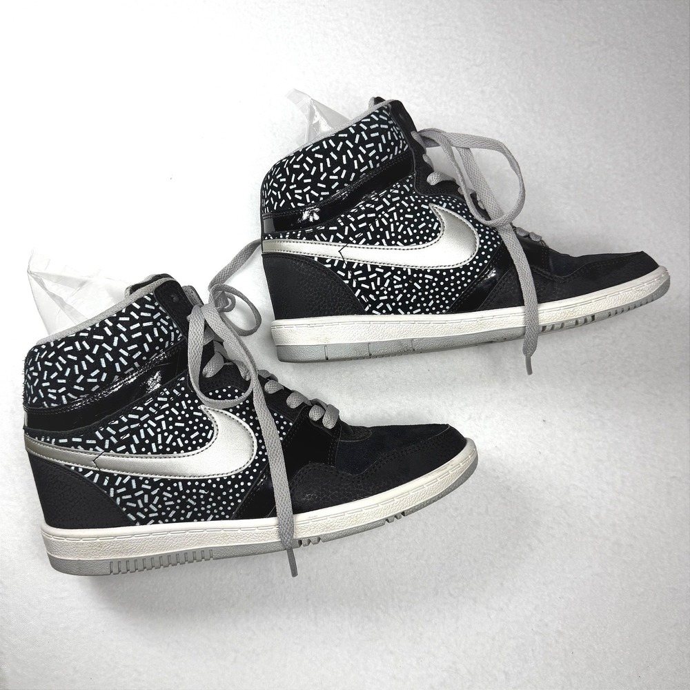 Nike Force Sky High Black Metallic Silver Wedge Sneakers 705148-003 Womens 10